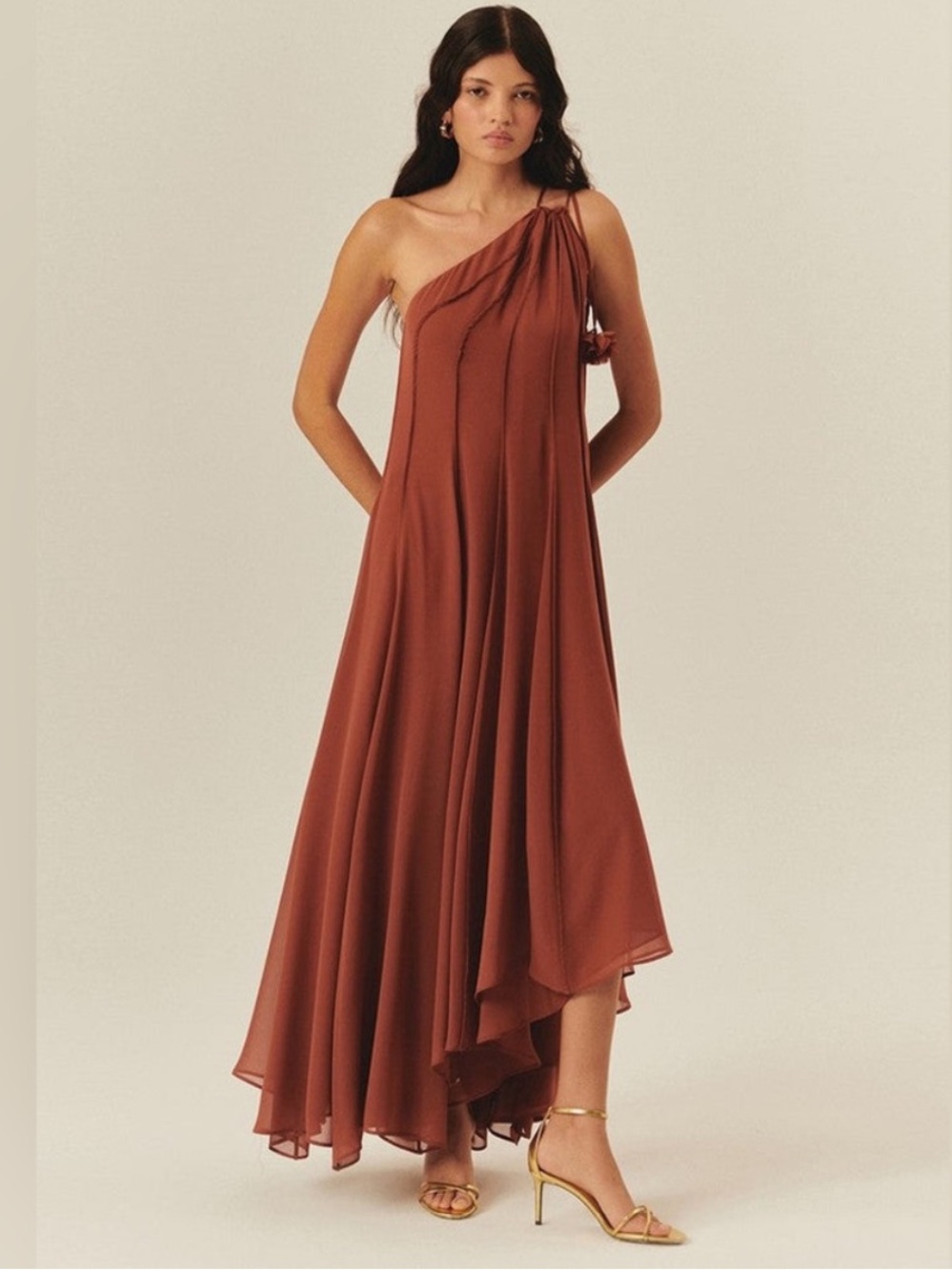 Chic One-Shoulder Brown Dress
